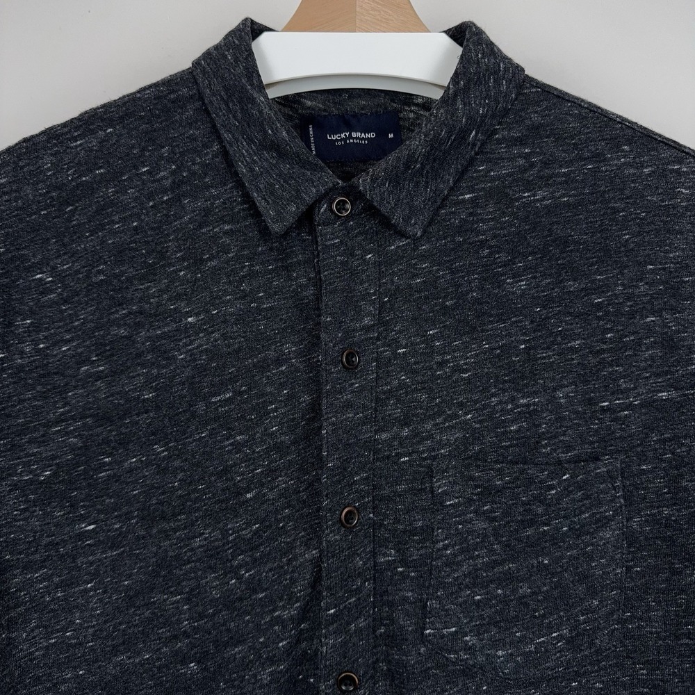 Lucky Brand Mens M Charcoal Heather Knit Button Down Shirt Short Sleeve